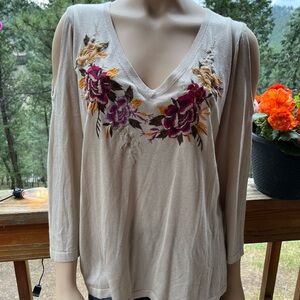 Johnny Was XL Cashmere Silk Cold Shoulder Floral Embroidered Soft Knit Sweater